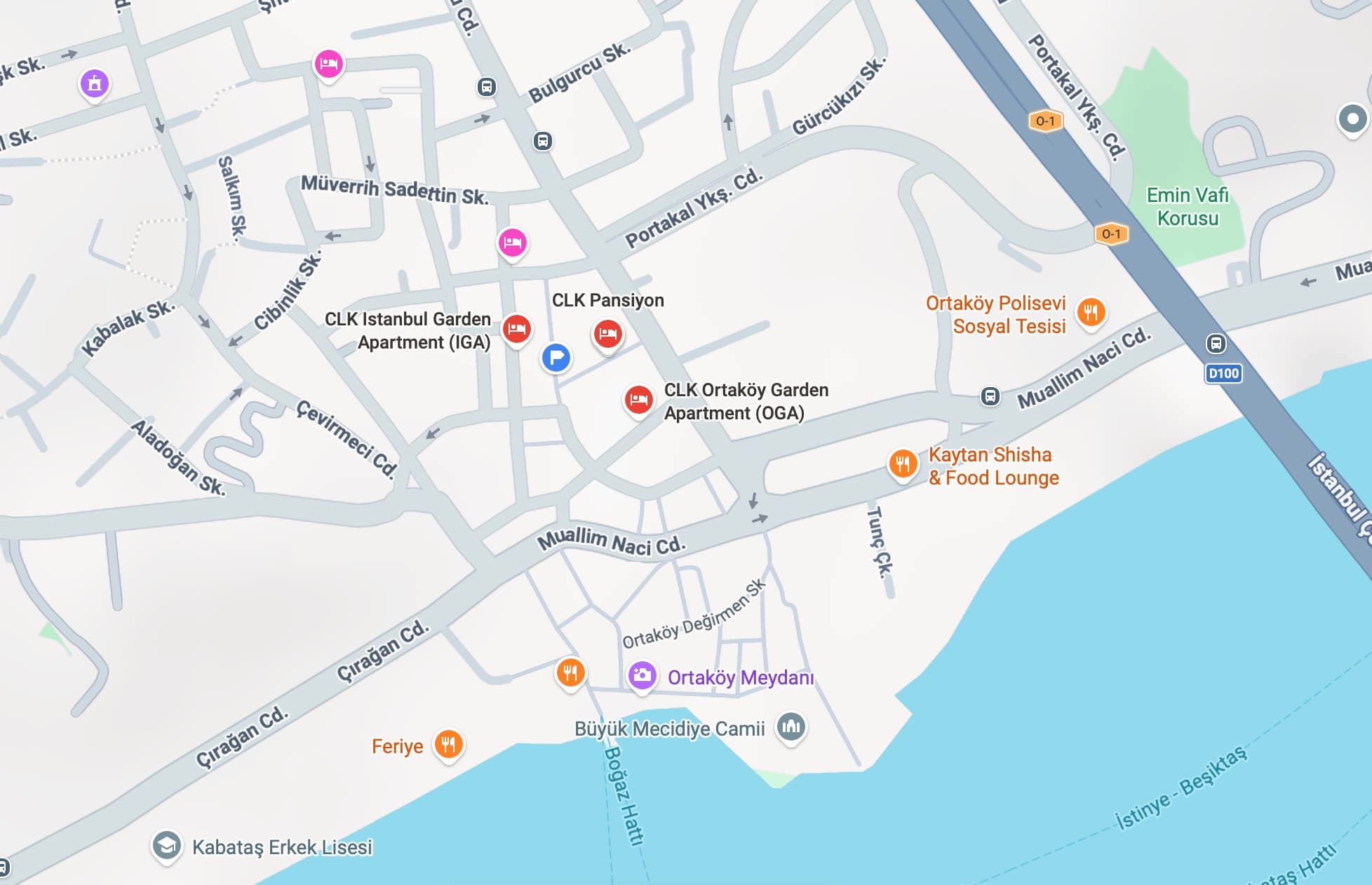 Paylaşılan harita: CLK Istanbul Garden Apartment, CLK Pansiyon ve CLK Ortaköy Garden Apartment; güneylerinde Ortaköy Camii ve Boğaz kıyısı.