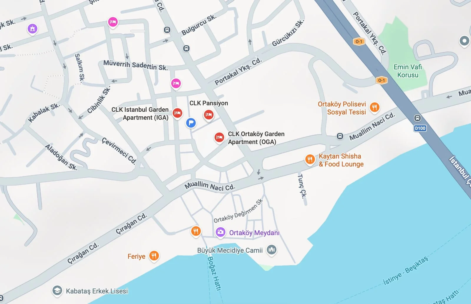 Paylaşılan harita: CLK Istanbul Garden Apartment, CLK Pansiyon ve CLK Ortaköy Garden Apartment; güneylerinde Ortaköy Camii ve Boğaz kıyısı.